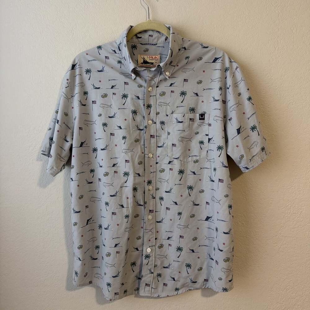 Huk Fishing Mens Kona KC Scott Short Sleeve Button Up Shirt Nautical fun Medium